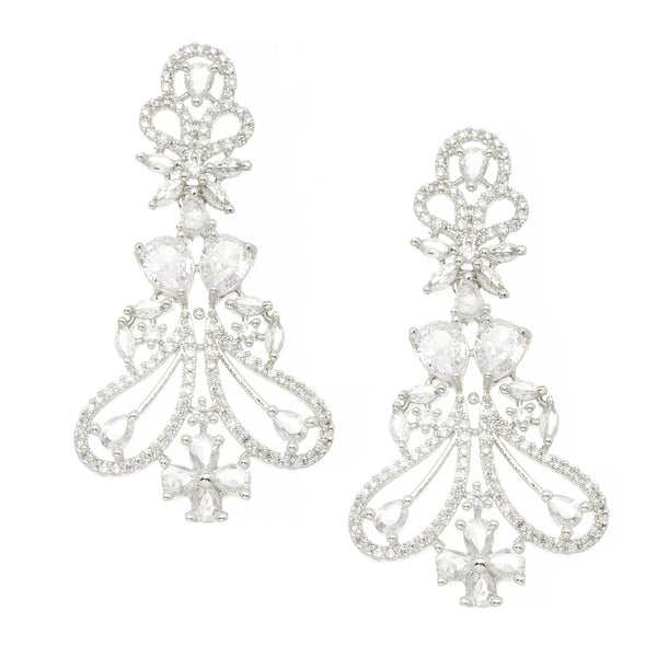 Rhodium-Plated White American Diamond studded Paisley Shaped Drop Earrings