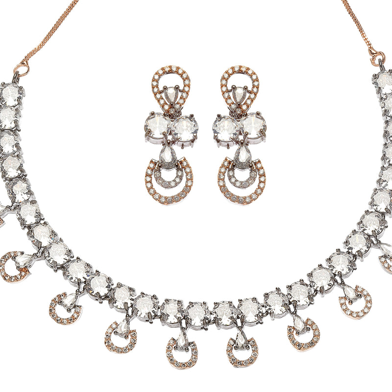 Rose Gold-Plated Gunmetal Toned White American Diamonds Studded Contemporary Necklace & Earrings Jewellery Set