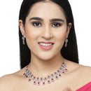 Rhodium-Plated Red American Diamond Studded Designer Necklace & Earrings Jewellery Set
