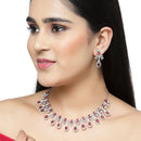 Rhodium-Plated Red American Diamond Studded Designer Necklace & Earrings Jewellery Set