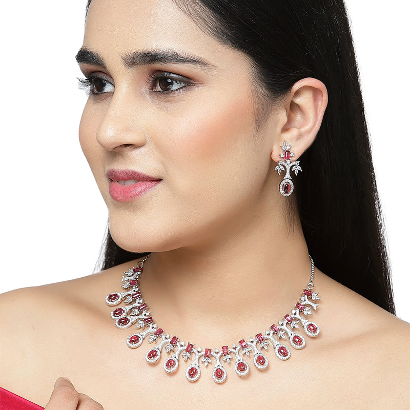 Rhodium-Plated Red American Diamond Studded Designer Necklace & Earrings Jewellery Set