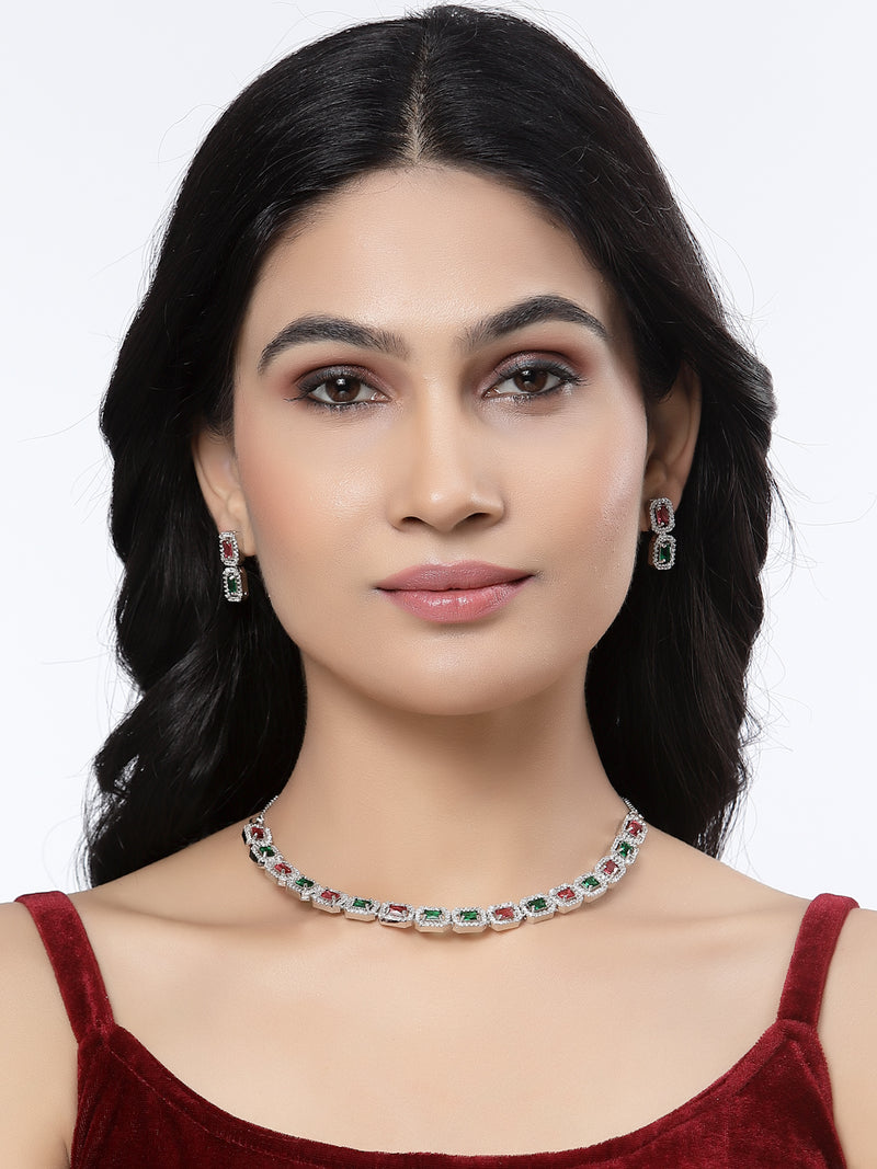 Rhodium-Plated Red & Green American Diamonds Studded Quadrate Shaped Necklace & Earrings Jewellery Set