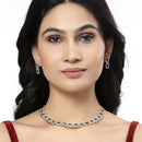 Rhodium-Plated Red & Green American Diamonds Studded Quadrate Shaped Necklace & Earrings Jewellery Set