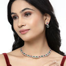 Rhodium-Plated Red & Green American Diamonds Studded Quadrate Shaped Necklace & Earrings Jewellery Set