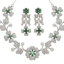 Rhodium-Plated Green Cubic Zirconia Studded Floral Theme Necklace & Earrings Jewellery Set