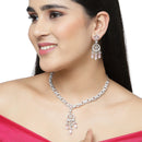 Rhodium-Plated Pink Baguette Teardrops American Diamonds Studded Necklace & Earrings Jewellery Set