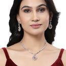 Rhodium-Plated Silver Tone Square Red American Diamond Studded Necklace Earring Jewellery Set