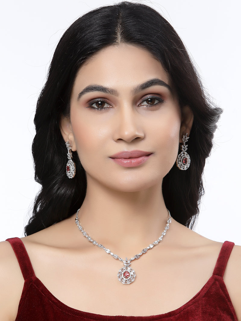 Rhodium-Plated Silver Tone Square Red American Diamond Studded Necklace Earring Jewellery Set