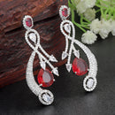 Rhodium-Plated Red American Diamond studded Quirky Shaped Drop Earrings