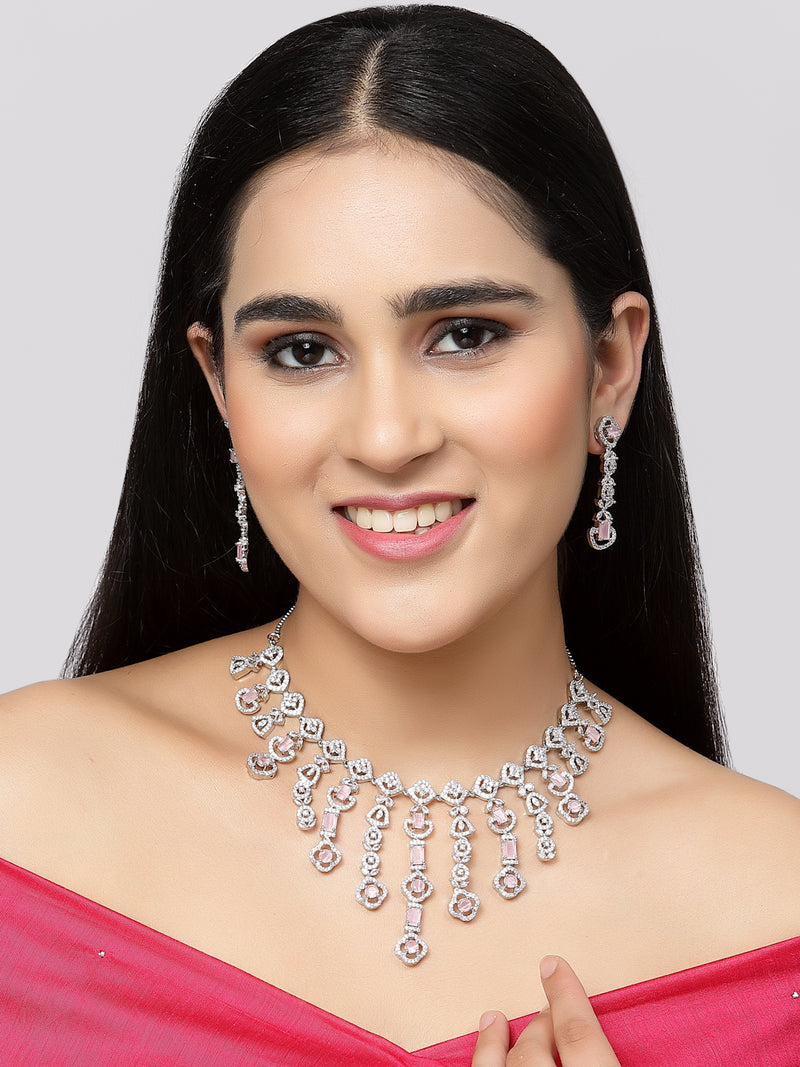 Rhodium-Plated Pink American Diamond Studded Floral Tasselled Necklace & Earrings Jewellery Set