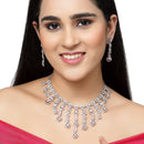 Rhodium-Plated Pink American Diamond Studded Floral Tasselled Necklace & Earrings Jewellery Set