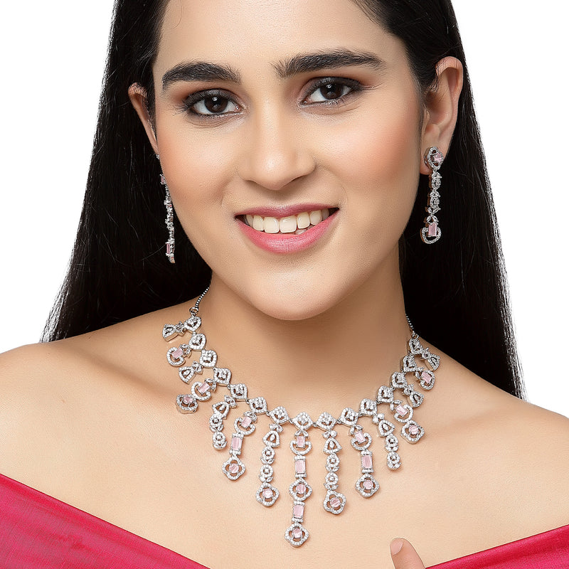 Rhodium-Plated Pink American Diamond Studded Floral Tasselled Necklace & Earrings Jewellery Set