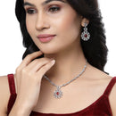 Rhodium-Plated Silver Tone Square Red American Diamond Studded Necklace Earring Jewellery Set