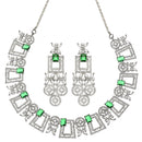 Rhodium-Plated Green & White American Diamonds Studded Squarish Shaped Necklace & Earrings Jewellery Set