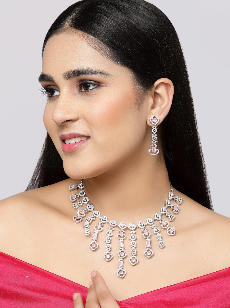 Rhodium-Plated Pink American Diamond Studded Floral Tasselled Necklace & Earrings Jewellery Set