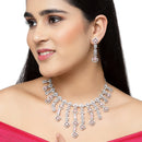 Rhodium-Plated Pink American Diamond Studded Floral Tasselled Necklace & Earrings Jewellery Set