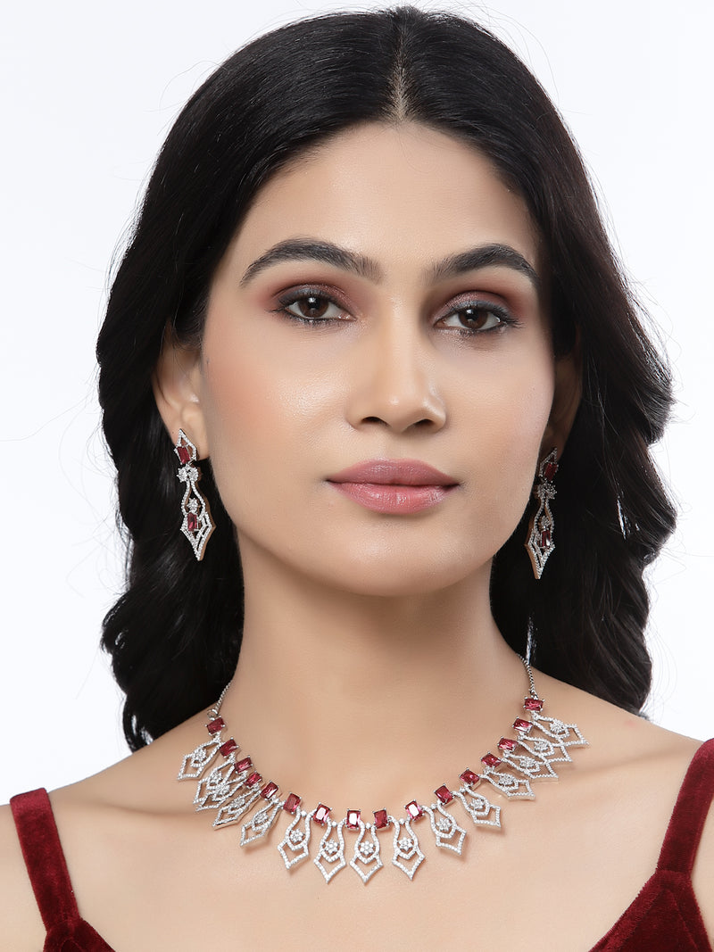 Rhodium-Plated Red American Diamond Studded Tempted Necklace & Earrings Jewellery Set