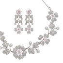 Rhodium-Plated Pink Cubic Zirconia Studded Floral Theme Necklace & Earrings Jewellery Set
