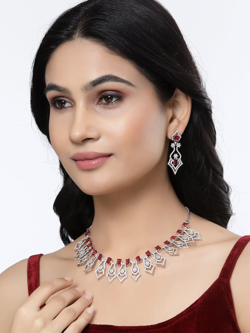 Rhodium-Plated Red American Diamond Studded Tempted Necklace & Earrings Jewellery Set