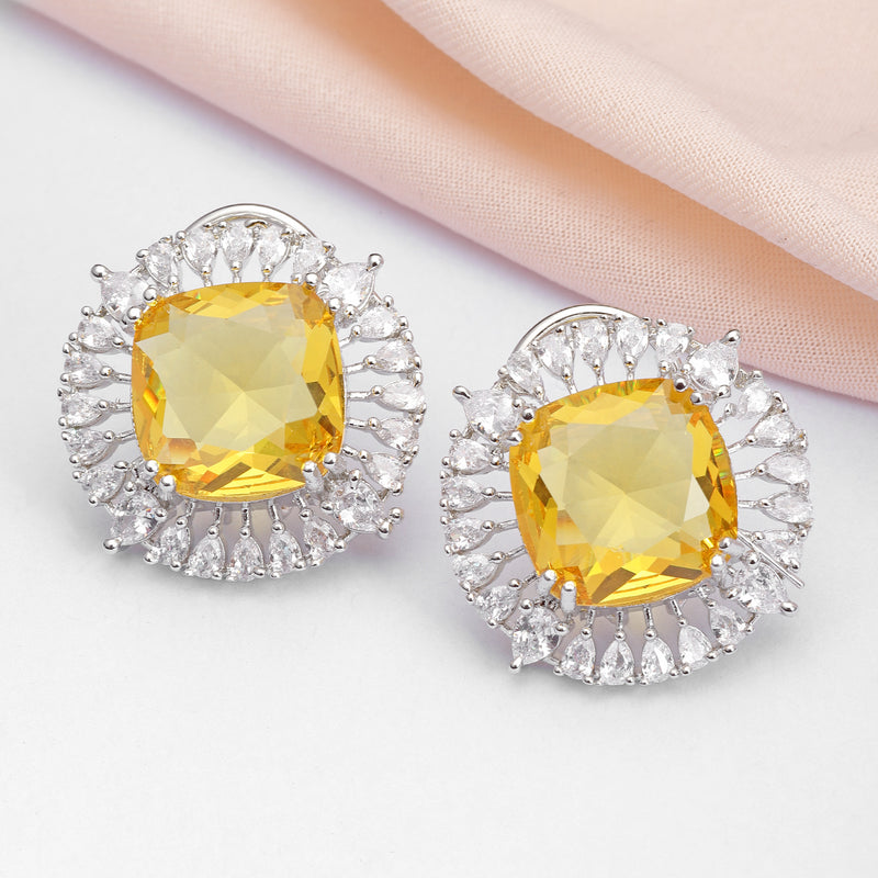 Rhodium-Plated Yellow & White American Diamond studded Contemporary Round Stud Earrings