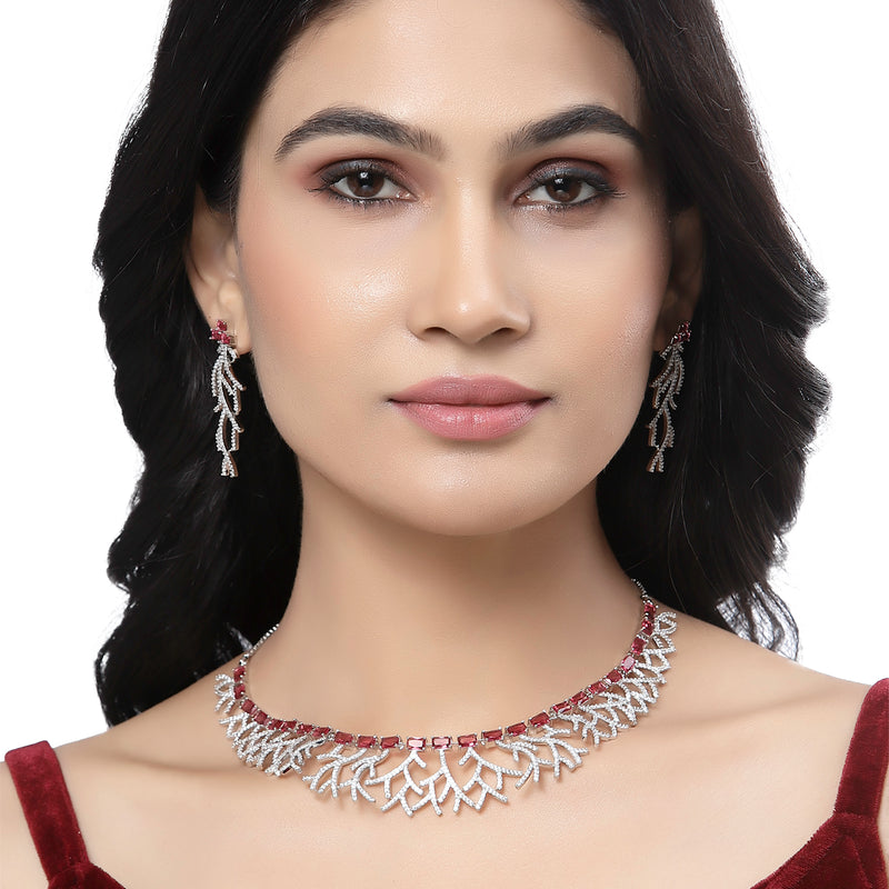 Rhodium-Plated Red American Diamond Studded Eccentric Design Necklace & Earrings Jewellery Set