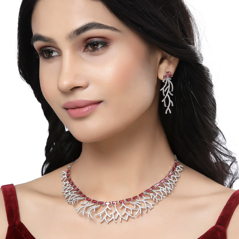 Rhodium-Plated Red American Diamond Studded Eccentric Design Necklace & Earrings Jewellery Set