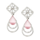 Rhodium-Plated Pink American Diamond studded Handcrafted Teardrop Layered Drop Earrings