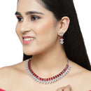 Rhodium-Plated Red American Diamonds Studded Wacky Necklace & Earrings Jewellery Set