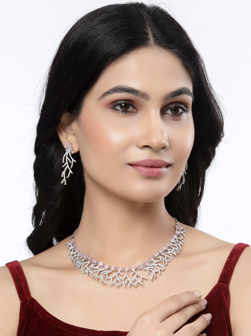 Rhodium-Plated Pink American Diamond Studded Eccentric Design Necklace & Earrings Jewellery Set