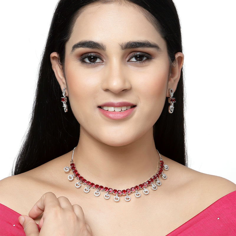 Rhodium-Plated Red American Diamonds Studded Contemporary Necklace & Earrings Jewellery Set