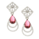Rhodium-Plated Red American Diamond studded Handcrafted Teardrop Layered Drop Earrings