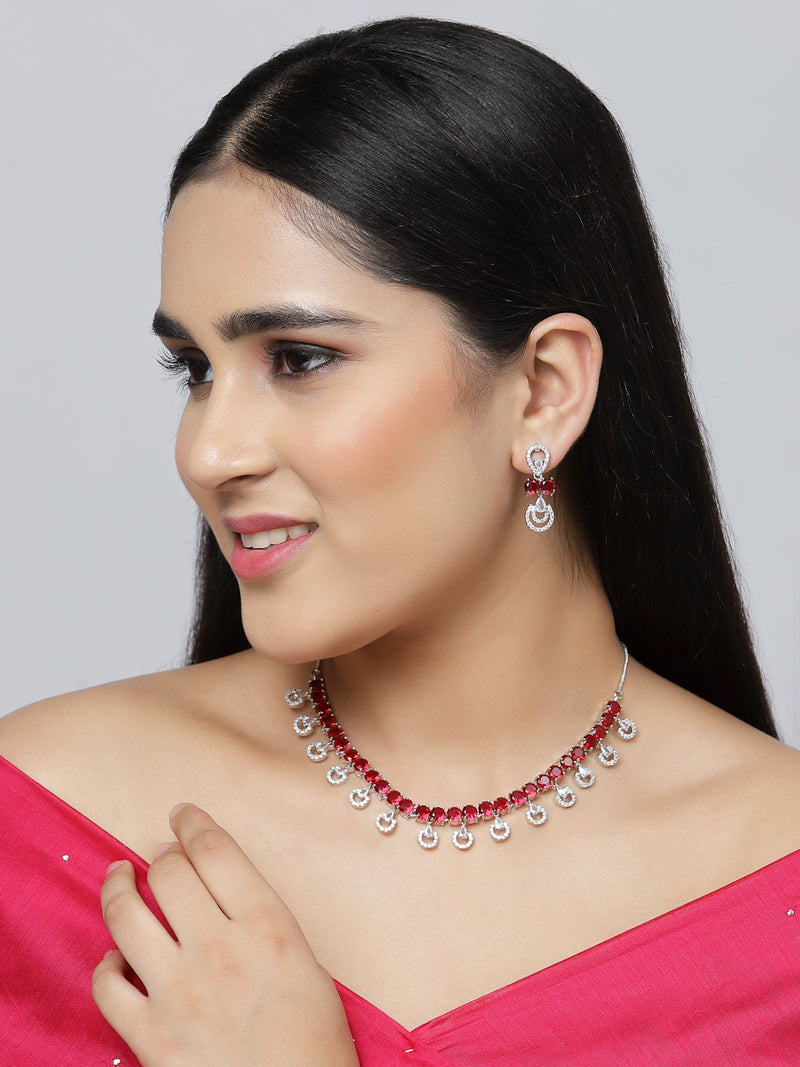 Rhodium-Plated Red American Diamonds Studded Contemporary Necklace & Earrings Jewellery Set