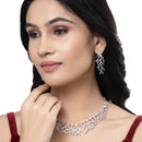 Rhodium-Plated Pink American Diamond Studded Eccentric Design Necklace & Earrings Jewellery Set