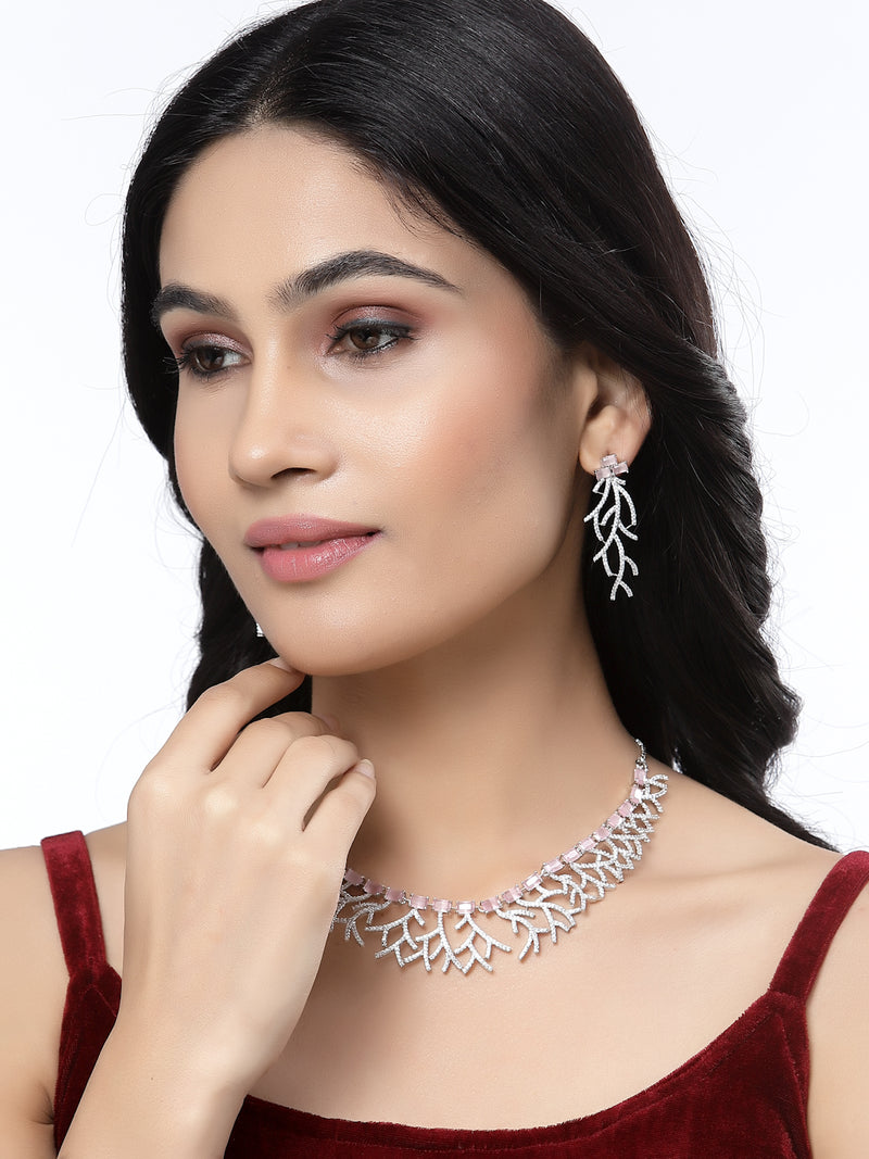 Rhodium-Plated Pink American Diamond Studded Eccentric Design Necklace & Earrings Jewellery Set