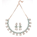 Rose Gold-Plated Gunmetal Toned Sea Green American Diamonds Studded Cordate Necklace & Earrings
