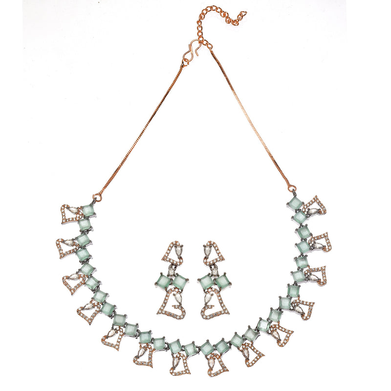 Rose Gold-Plated Gunmetal Toned Sea Green American Diamonds Studded Cordate Necklace & Earrings