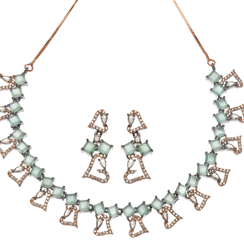 Rose Gold-Plated Gunmetal Toned Sea Green American Diamonds Studded Cordate Necklace & Earrings