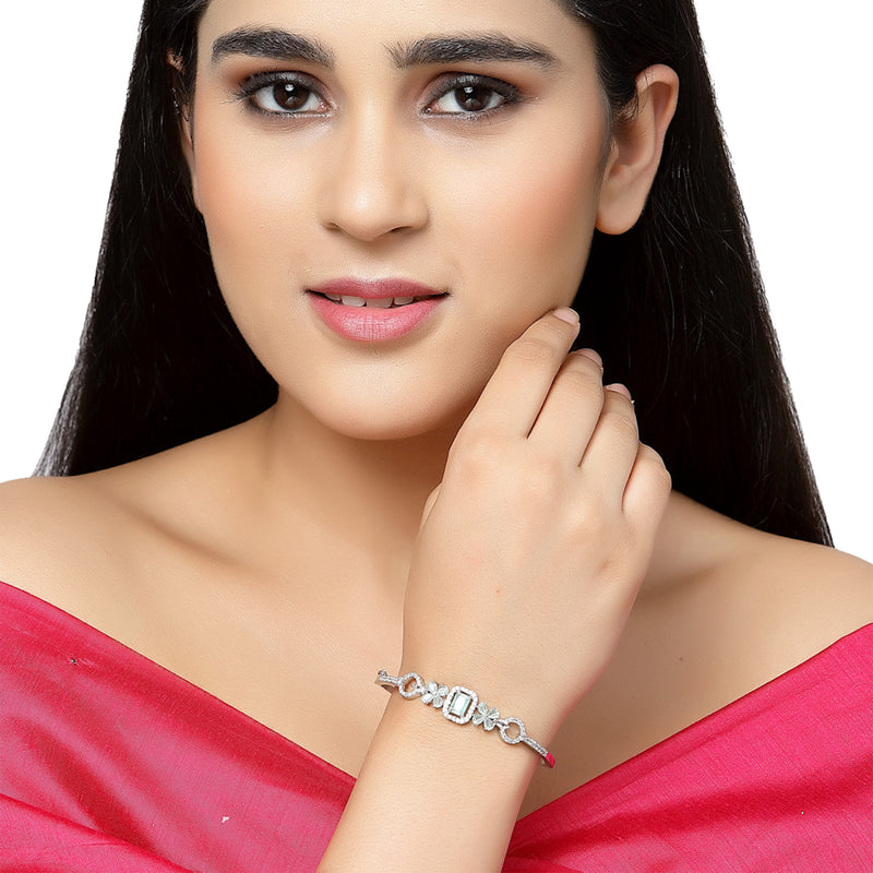 Rhodium-Plated Silver Toned Square Shaped Sea Green American Diamond Studded Bracelet