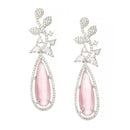 Rhodium-Plated Pink American Diamond studded Teardrop & Leaf Shaped Drop Earrings