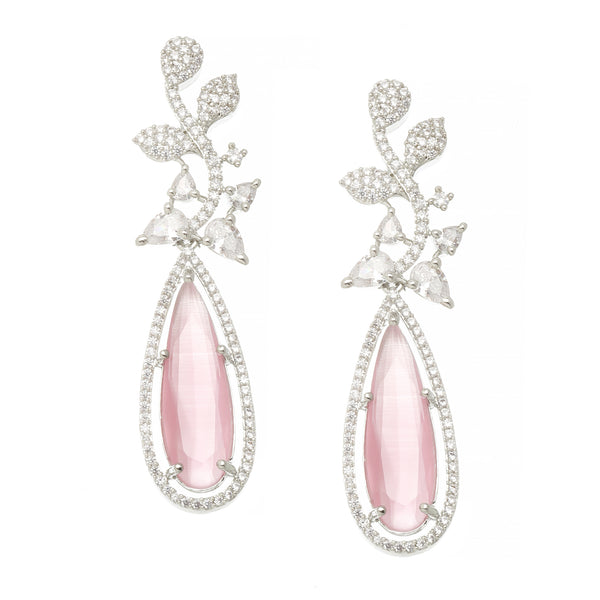 Rhodium-Plated Pink American Diamond studded Teardrop & Leaf Shaped Drop Earrings