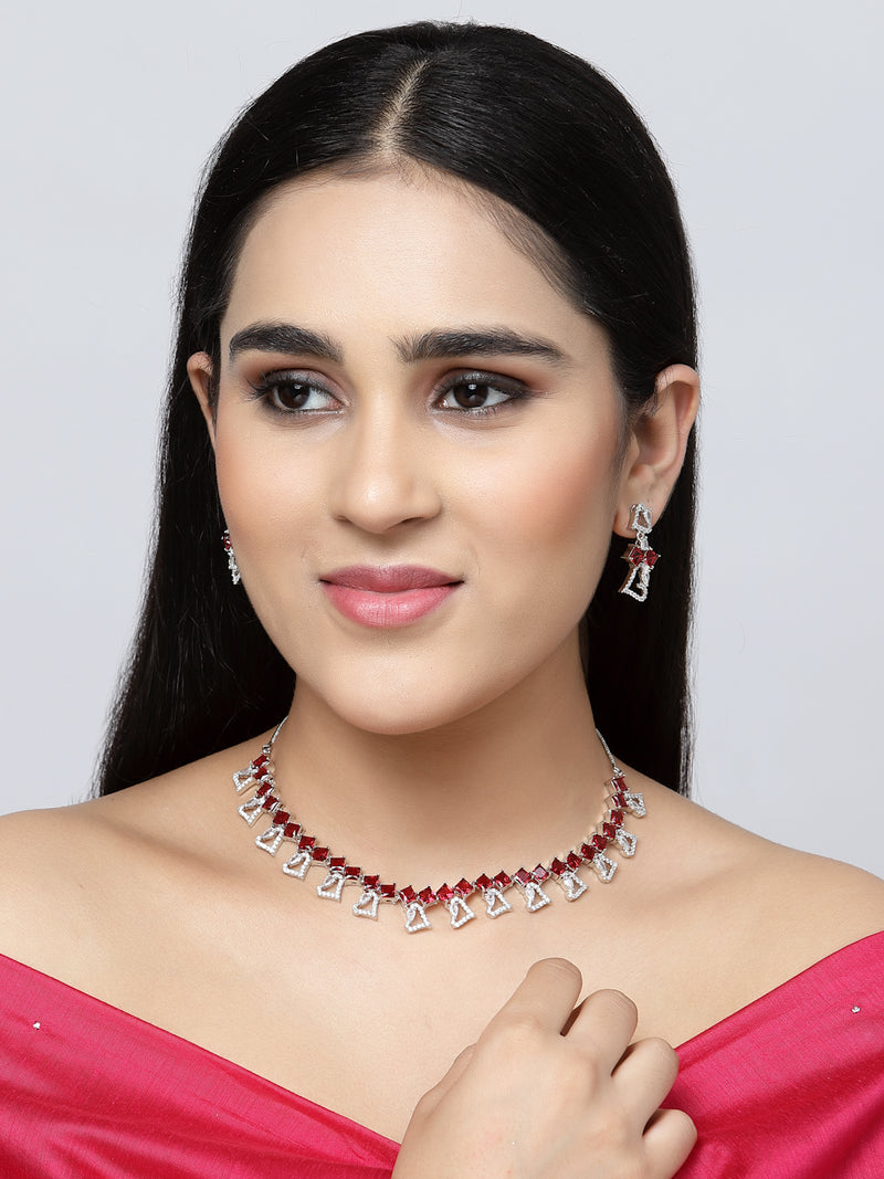Rhodium-Plated Red American Diamonds Studded Cordate Necklace & Earrings Jewellery Set