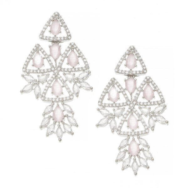 Rhodium-Plated Pink & White American Diamond studded Triangular Shaped Drop Earrings