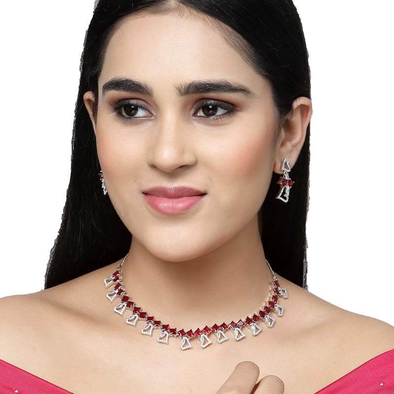 Rhodium-Plated Red American Diamonds Studded Cordate Necklace & Earrings Jewellery Set