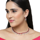 Rhodium-Plated Red American Diamonds Studded Cordate Necklace & Earrings Jewellery Set
