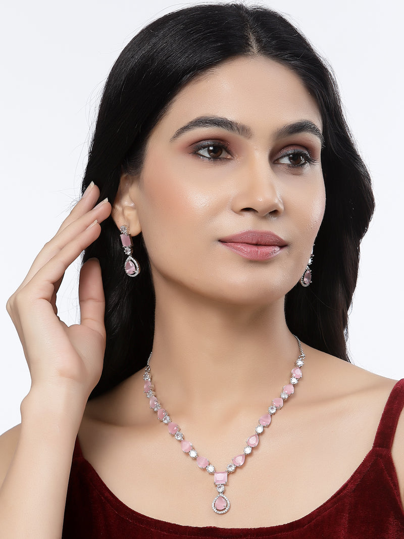 Rhodium-Plated Pink American Diamond Studded Fashionable Necklace & Earrings Jewellery Set