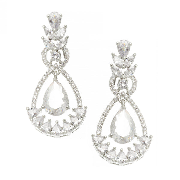 Rhodium-Plated White American Diamond studded Teardrop & Leaf Shaped Drop Earrings