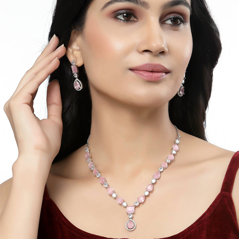 Rhodium-Plated Pink American Diamond Studded Fashionable Necklace & Earrings Jewellery Set