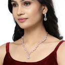 Rhodium-Plated Pink American Diamond Studded Fashionable Necklace & Earrings Jewellery Set