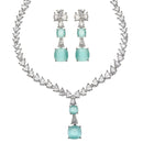 Rhodium-Plated Sea Green Square American Diamonds Studded Pendulous Necklace & Earrings Jewellery Set