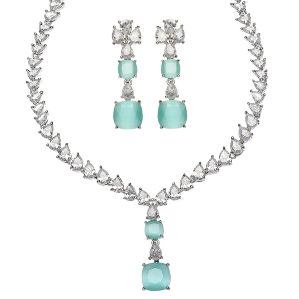 Rhodium-Plated Sea Green Square American Diamonds Studded Pendulous Necklace & Earrings Jewellery Set